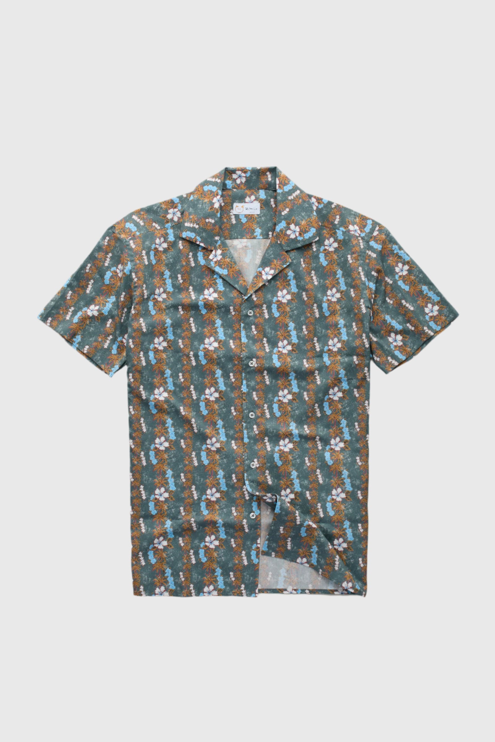 Silk Bowling Shirt White and Blue Hibiscus