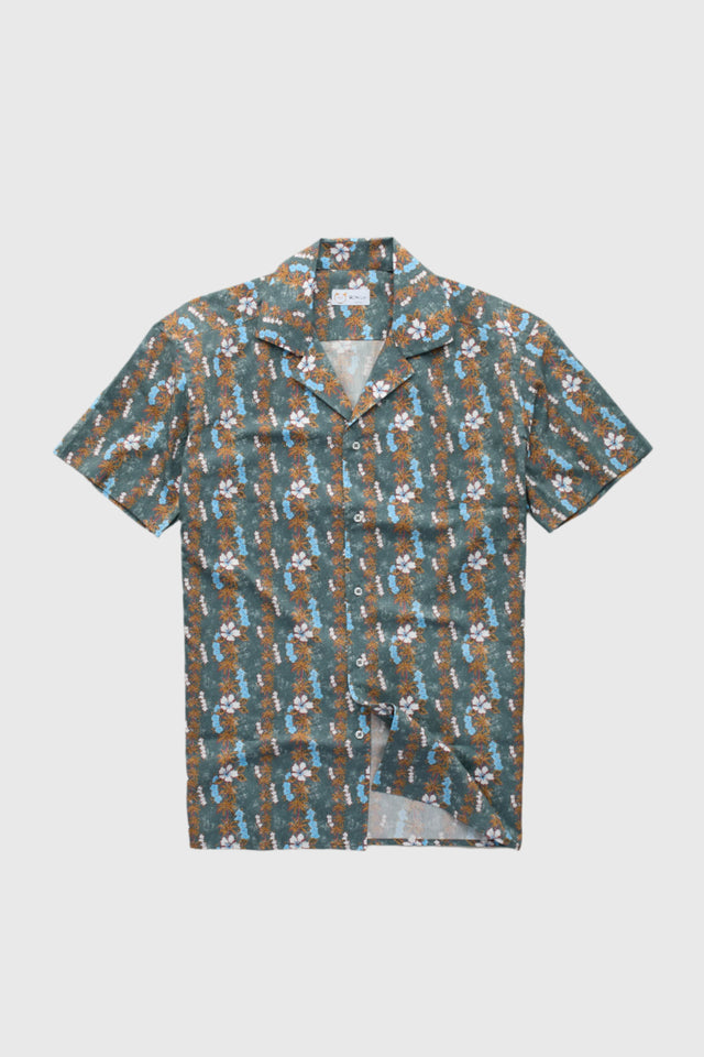 Silk Bowling Shirt White and Blue Hibiscus