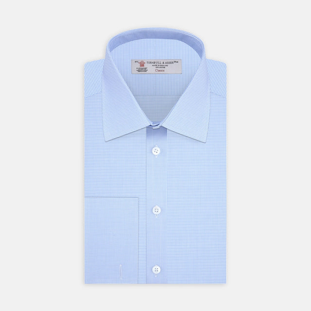 Sky Blue Micro-Check Shirt with T&amp;A Collar and Double Cuffs