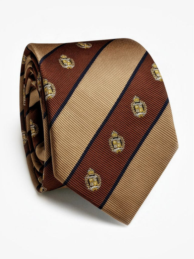 Silk club tie in brown and beige with motifs
