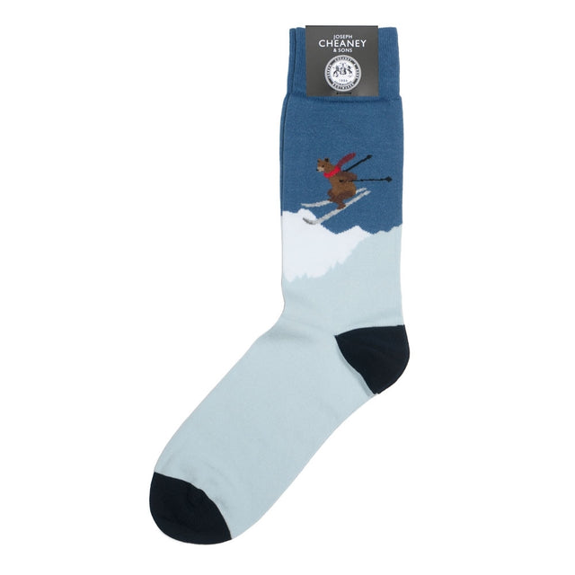 Skiing Bear Blue Festive Cotton Socks