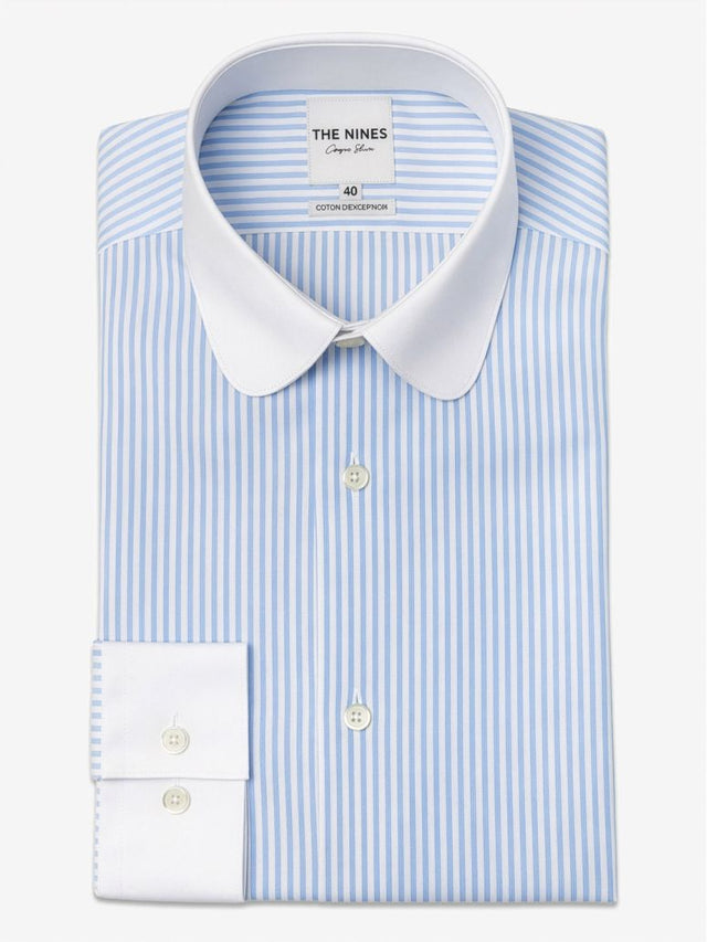 Sky Blue Striped Round Collar Shirt