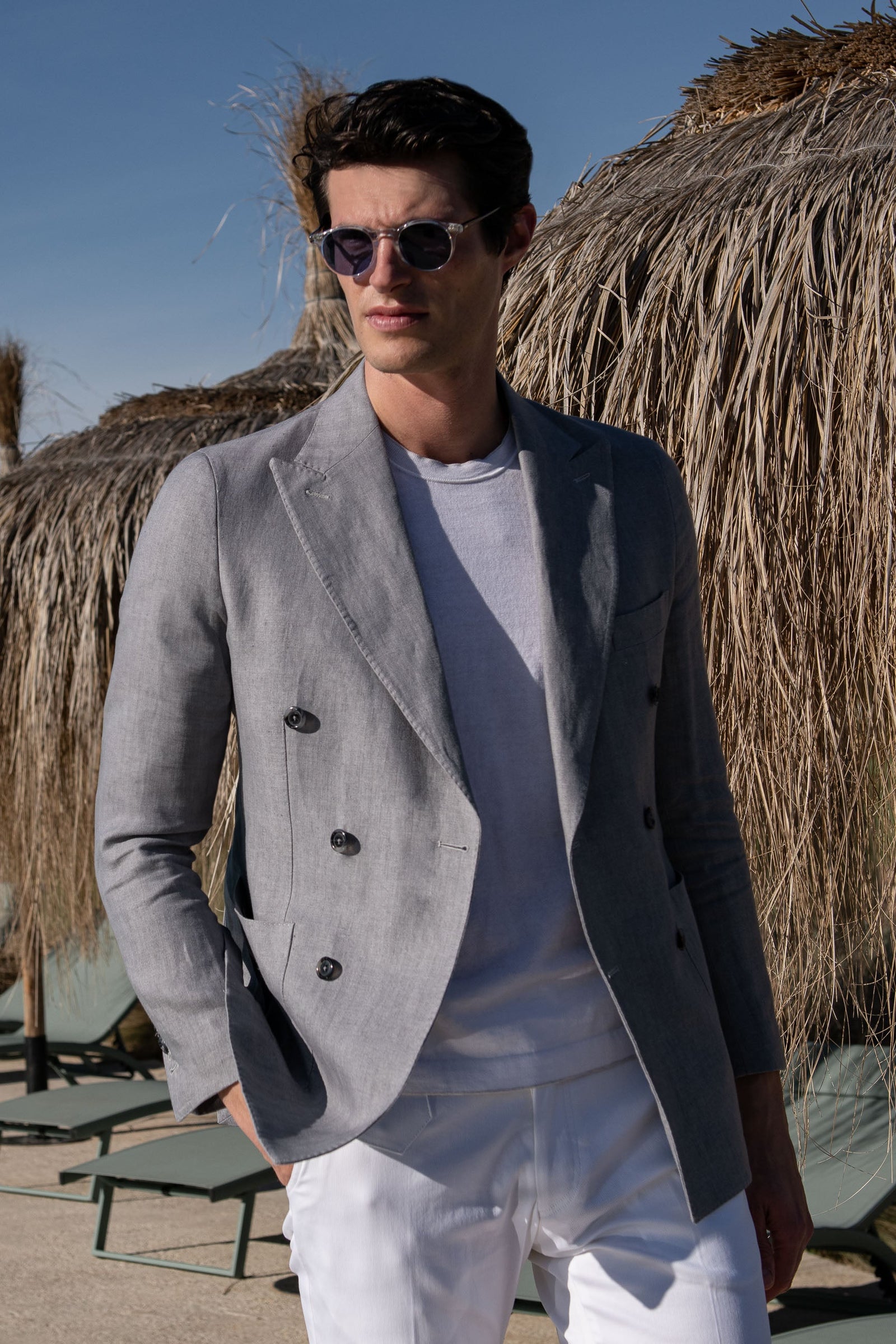 Grey Herringbone Double Breasted Linen Jacket Made In Italy