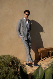 Grey Herringbone Double Breasted Linen Jacket Made In Italy
