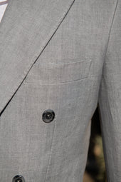 Grey Herringbone Double Breasted Linen Jacket Made In Italy