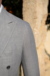 Grey Herringbone Double Breasted Linen Jacket Made In Italy