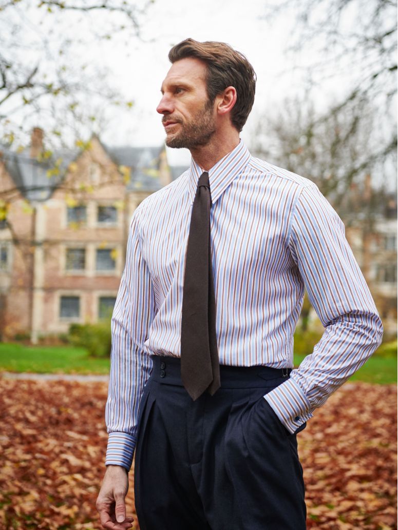 Spearpoint Collar Shirt With And Brown Stripes