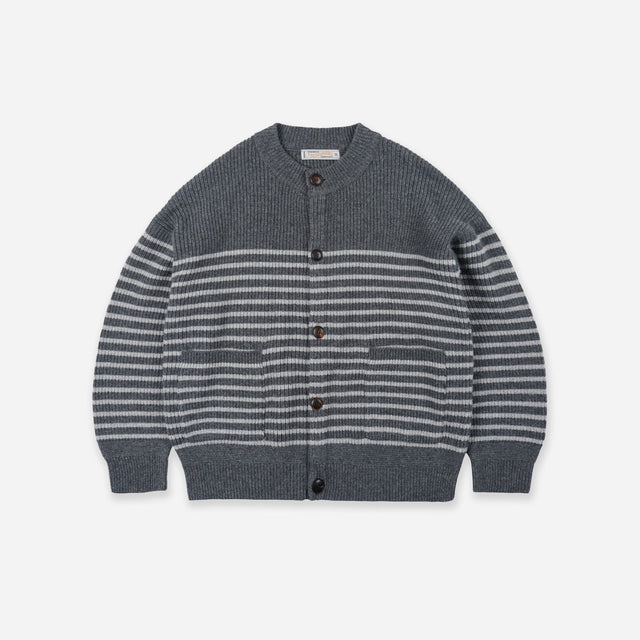 WOOL STRIPE ROUND CARDIGAN - CHARCOAL