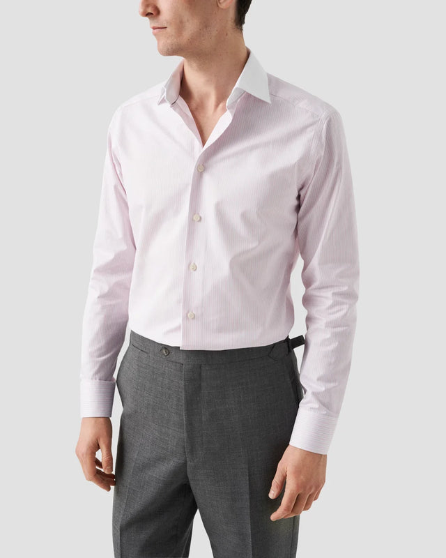 Rosa gestreiftes Signature-Twill-Hemd mit weißem Kragen - Eton