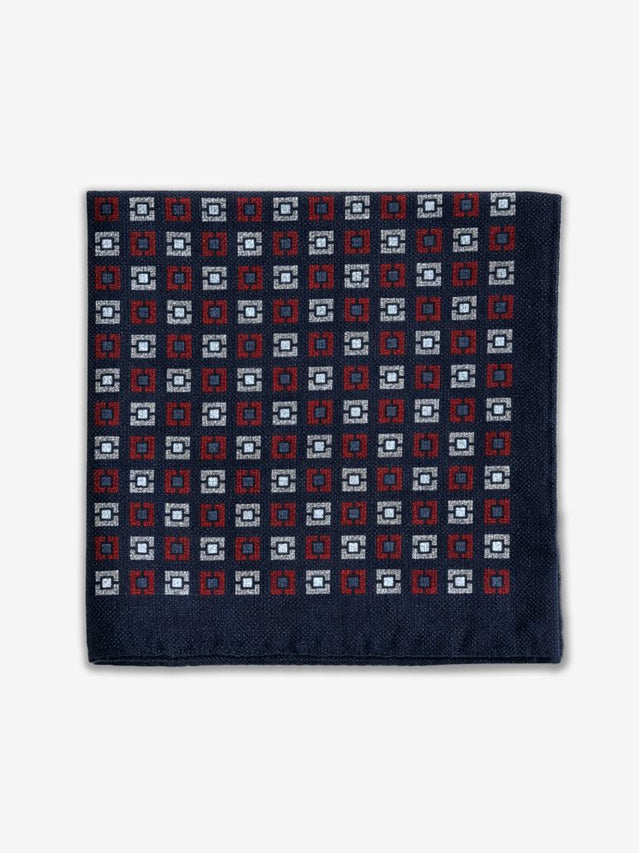 Suit pocket square in navy wool with square pattern