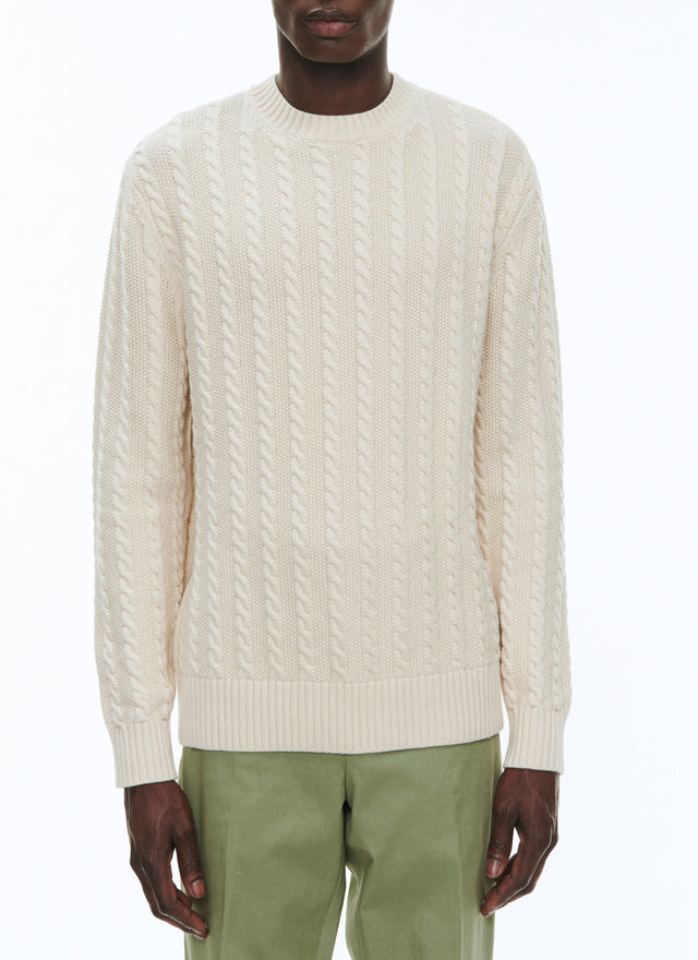 Ecru wool and cotton cable knit sweater