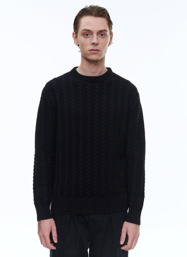 Navy blue wool and cotton cable knit sweater