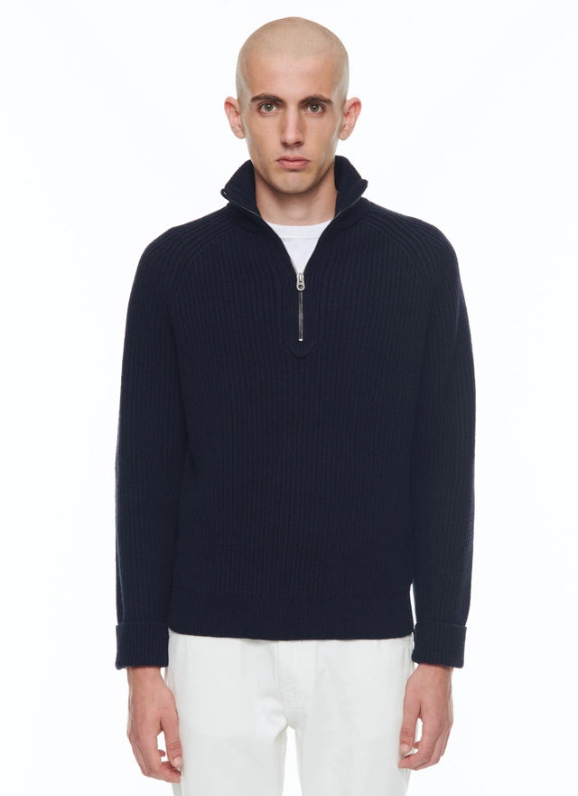 Wool ribbed sweater with zipped-rollneck
