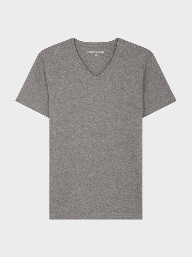Tee-shirt manches courtes en coton stretch col V gris chiné