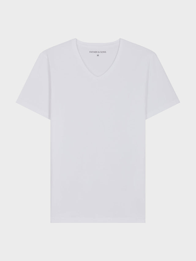 Tee-shirt manches courtes en coton stretch col V uni blanc