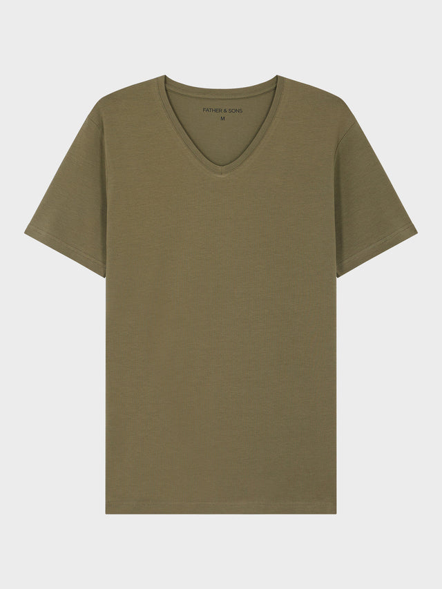 Tee-shirt manches courtes en coton stretch col V uni kaki