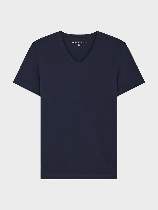 Tee-shirt manches courtes en coton stretch col V uni bleu marine
