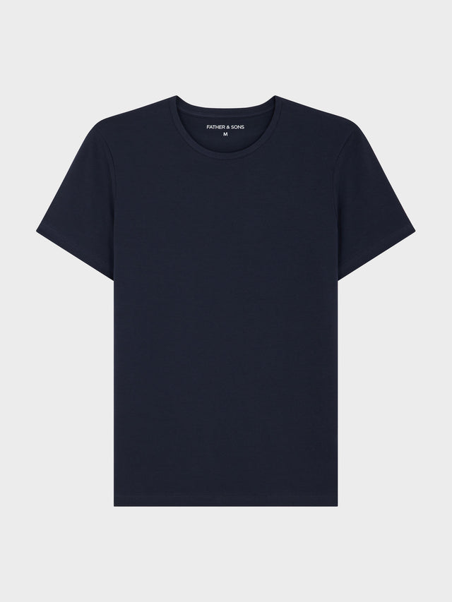 Tee-shirt manches courtes en coton stretch col rond uni bleu marine