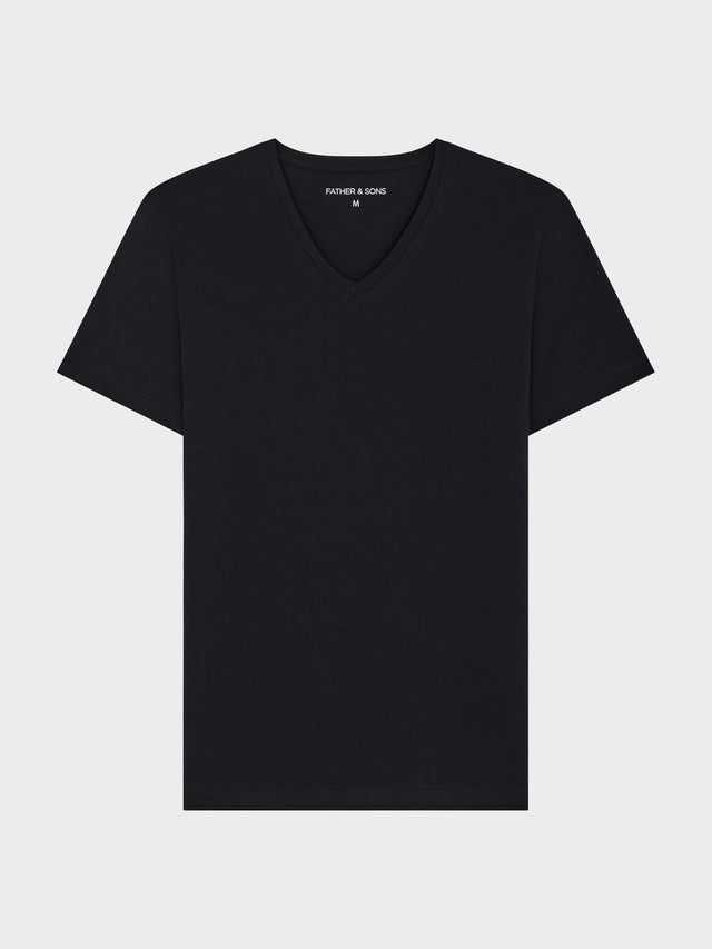 Tee-shirt manches courtes en coton stretch col V uni noir