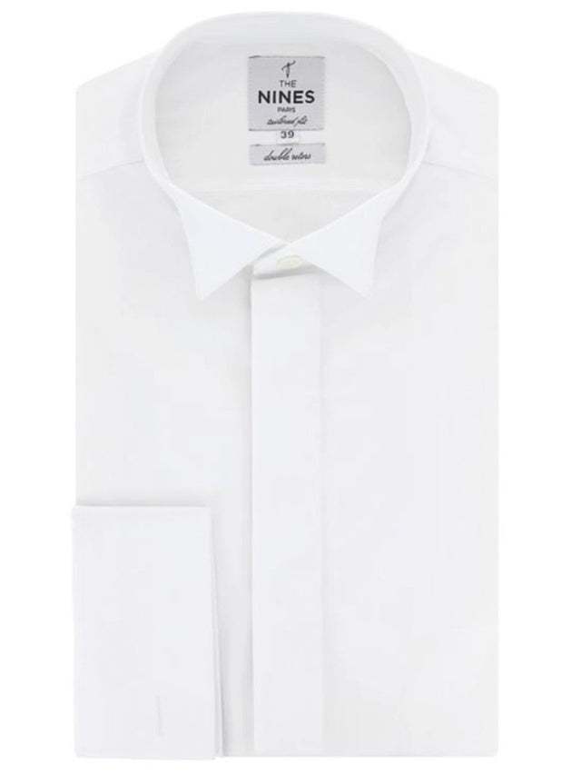 White wing collar with hidden placket collar French cuff shirt