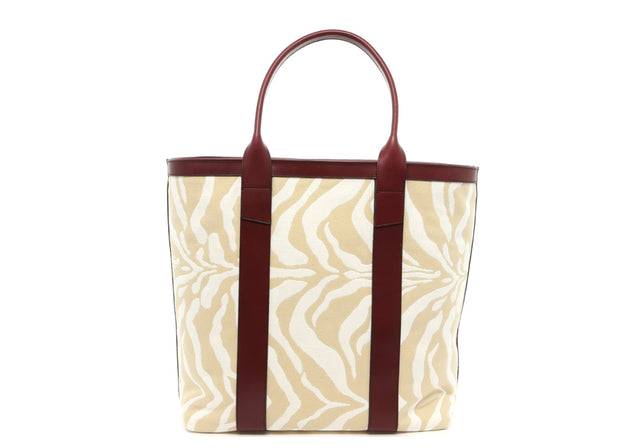 Tall Tote - Beige/Cream Zebra Canvas - Burgundy Trim