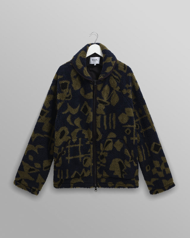 Tate - Navy And Khaki Shapes Jacquard Fleece Jacket