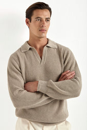 Taupe ribbed cashmere blend polo – Made in Italy