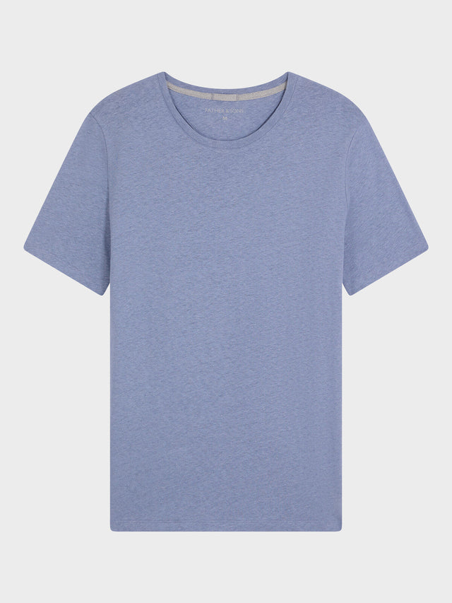 Tee-shirt col rond slim en lin et coton bleu chambray