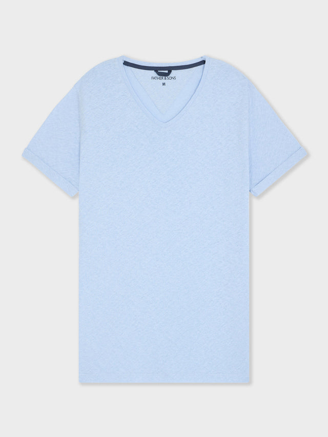 Tee-shirt col V slim en lin et coton bleu ciel