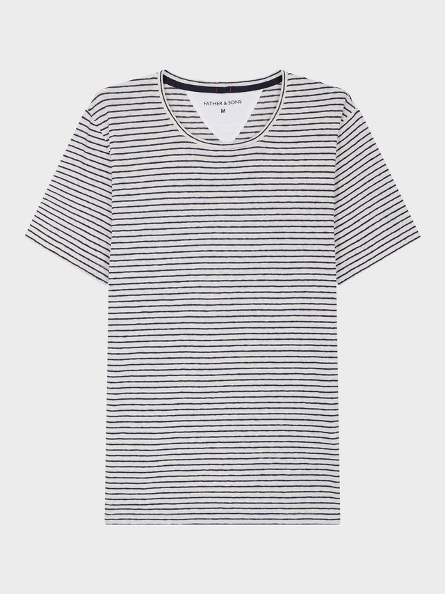 Tee-shirt col rond en coton et lin à rayures bleu marine