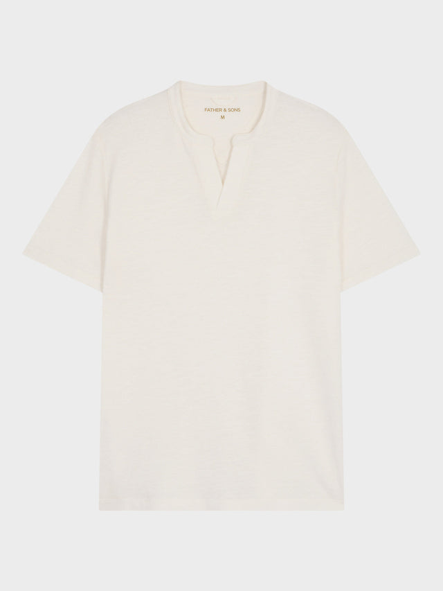 Tee-shirt col tunisien slim en coton et lin écrus