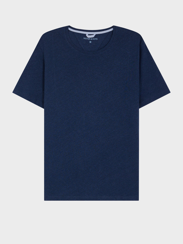 Tee-shirt col rond en coton et lin bleu indigo