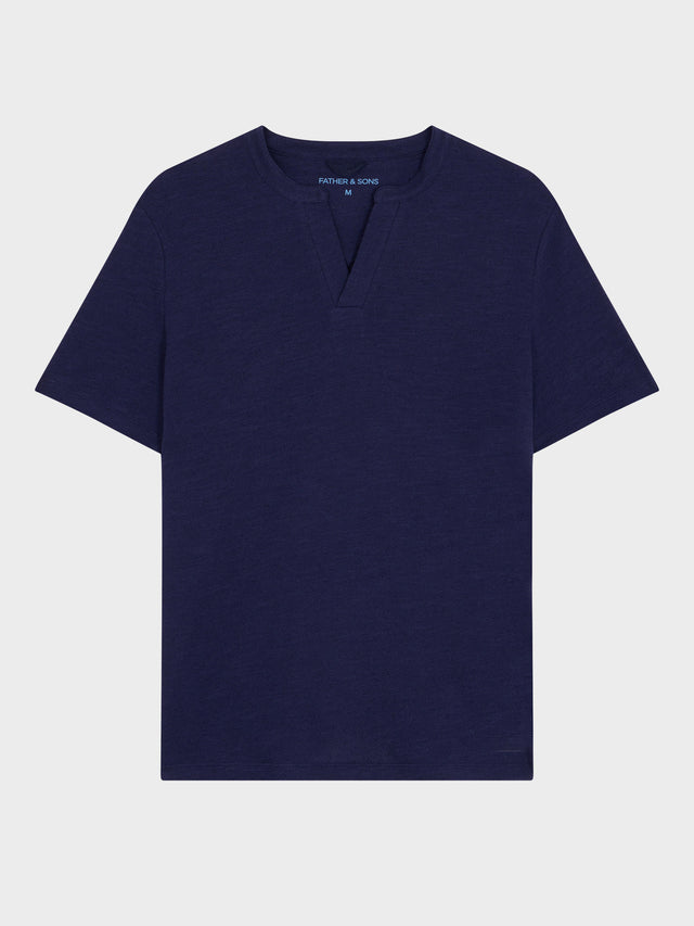 Tee-shirt col tunisien slim en coton et lin bleu indigo