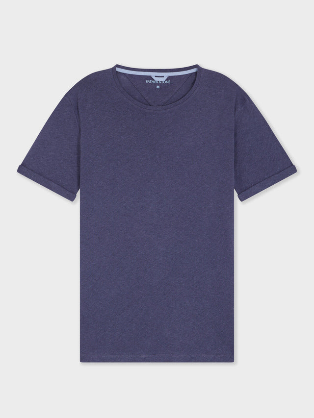 Tee-shirt col rond slim en lin et coton bleu indigo