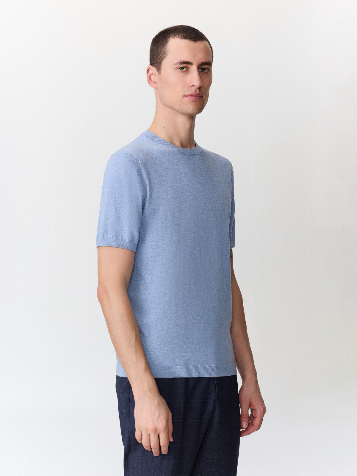 Tee Shirt Col Rond Slim En Maille Bleu Jeans