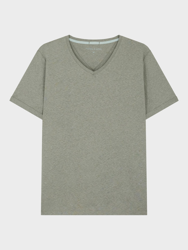 Tee-shirt col V en coton et lin kaki