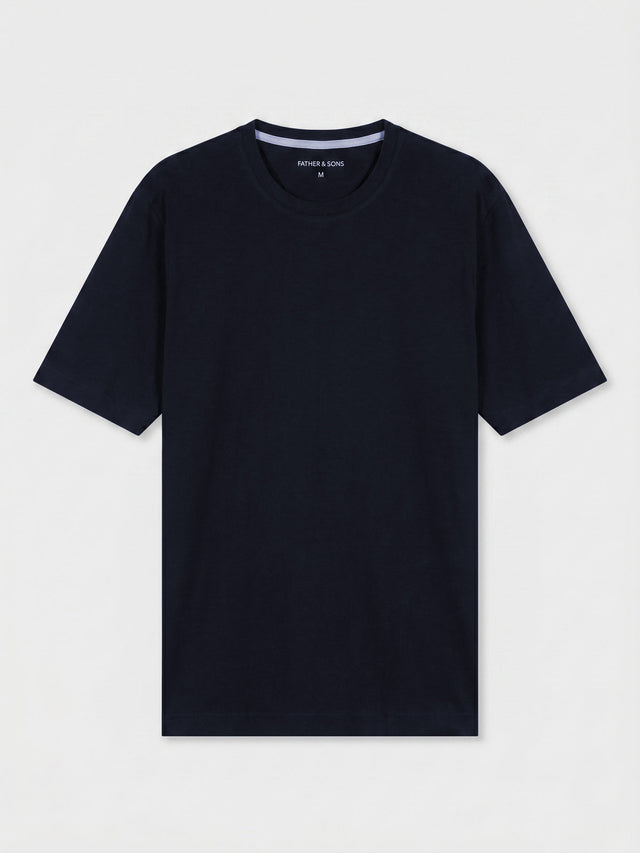 Tee Shirt Col Rond Slim En Lin Et Coton Bleu Marine