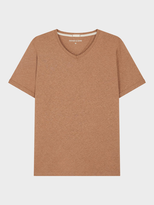 Tee-shirt col V en coton et lin rose