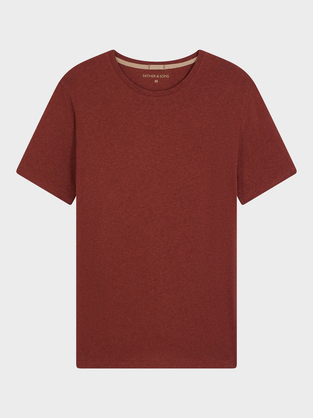 Tee-shirt col rond slim en lin et coton terracotta
