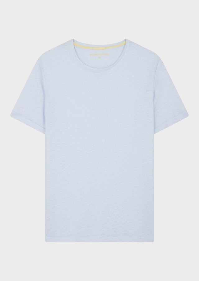 Tee-shirt manches courtes en lin col rond uni bleu ciel