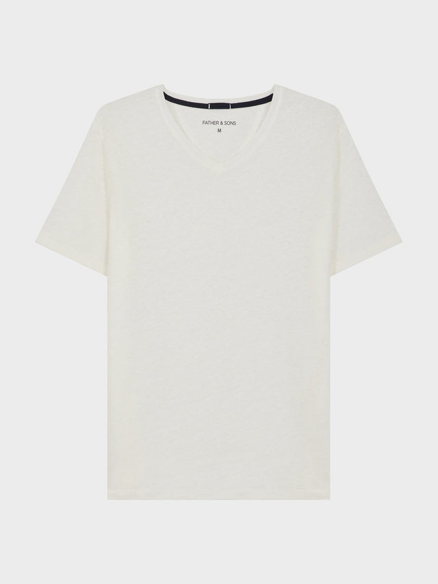 Tee-shirt manches courtes en lin col V uni écru