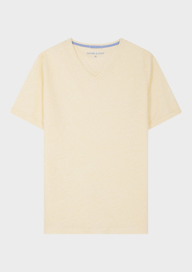 Tee-shirt manches courtes en lin col V uni jaune