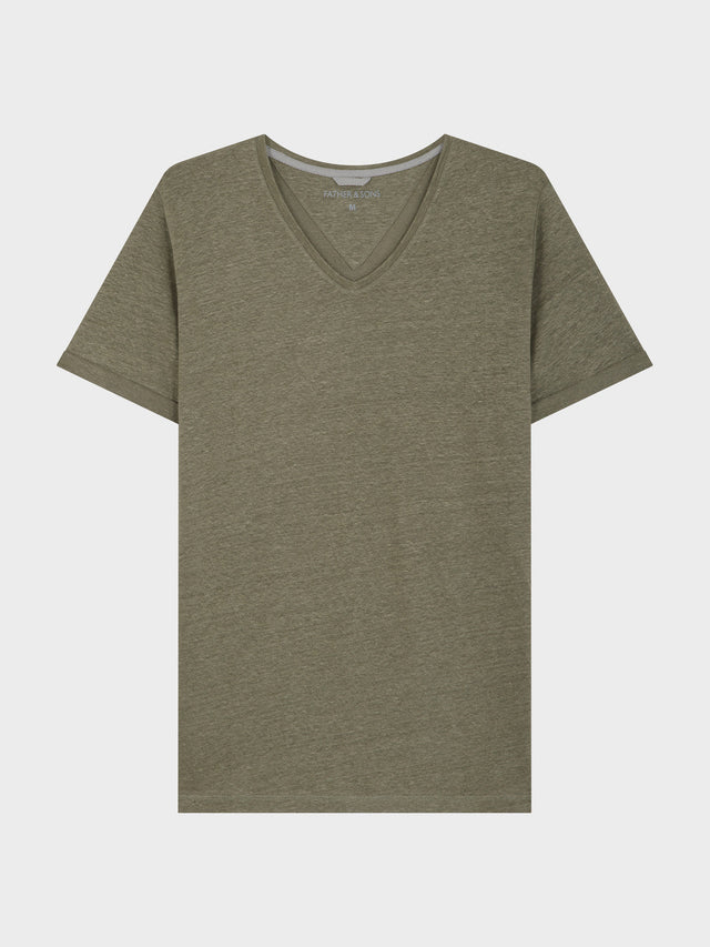 Tee-shirt manches courtes en lin col V uni kaki