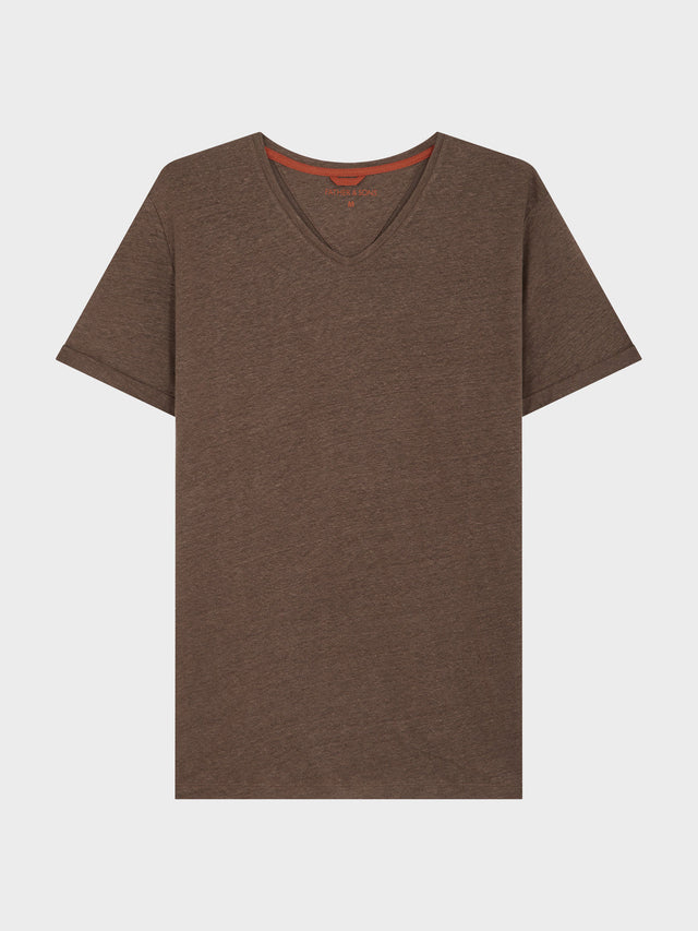 Tee-shirt manches courtes en lin col V uni marron