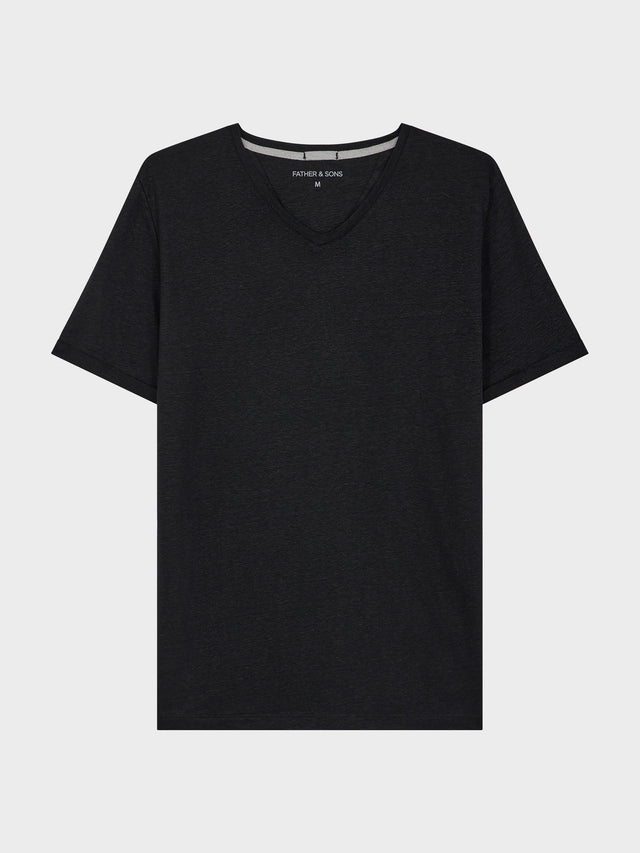 Tee-shirt manches courtes en lin col V uni noir