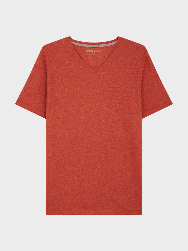 Tee-shirt manches courtes en lin col V uni terracotta