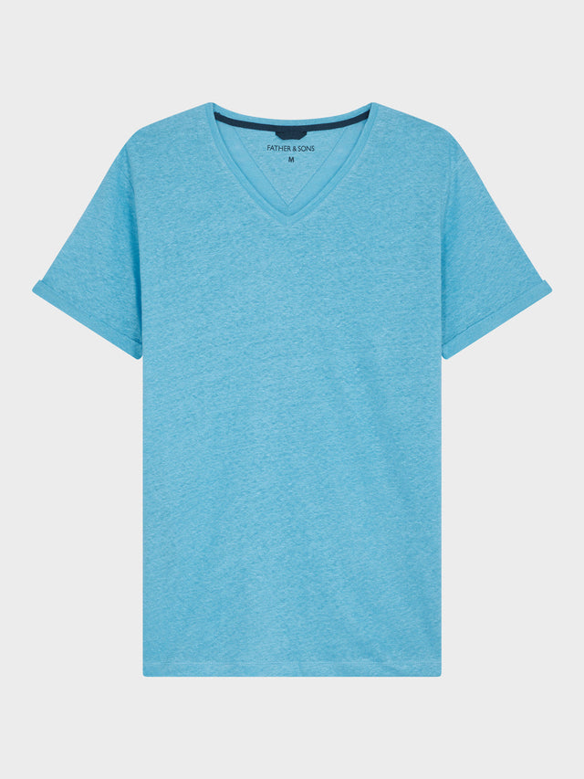 Tee-shirt manches courtes en lin col V uni bleu turquin