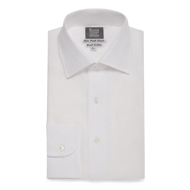 Tailored Fit Bank Collar Linen Button Cuff Shirt in White