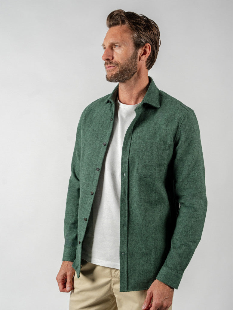 Thick Green Flannel Shirt With Shark Collar