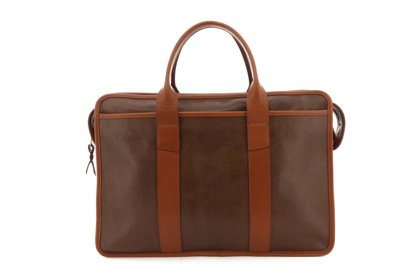 Bound Edge Zip-Top Briefcase - Toffee / Cognac Trim - Tumbled Leather